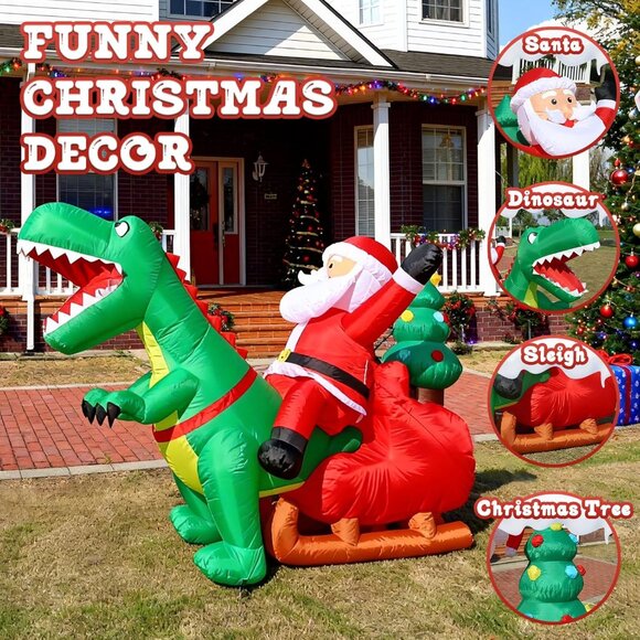 🆕8.2FT Long Christmas Inflatables with LED Santa Ride on Dinosaur Outdoor Decor - Picture 5 of 9